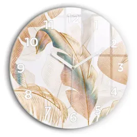 okragly-zegar-szklany-scienny-do-salonu-z-grafika-wzor-lisci-natura-fi60-cm