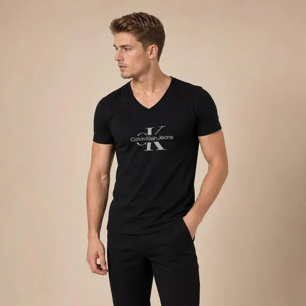 Calvin Klein t-shirt męski czarny V serek z logo na przodzie bawełniany rozmiar XXL | Idealne na lato!