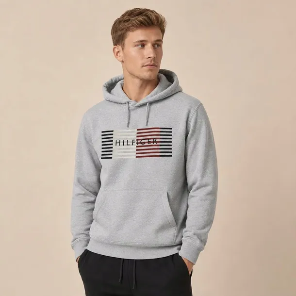 Tommy Hilfiger bluza męska szara melanżowa z kapturem i dużym logo, wkładana przez głowę rozmiar XL | Idealna na chłodne dni!