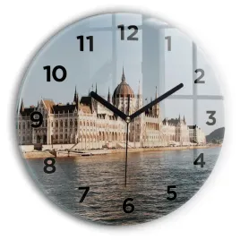 okragly-zegar-szklany-scienny-z-nadrukiem-parlament-w-budapeszcie-fi30-cm