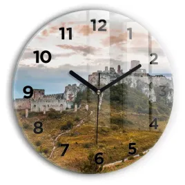 okragly-zegar-szklany-na-sciane-ze-wzorem-zamek-spiski-na-slowacji-fi30-cm