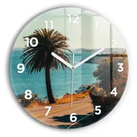 okragly-zegar-szklany-ozdobny-ze-stylowym-nadrukiem-palmy-w-malibu-fi30-cm