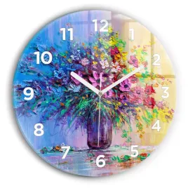okragly-zegar-szklany-scienny-do-salonu-ze-wzorem-kwiaty-w-wazonie-fi30-cm