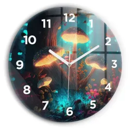okragly-zegar-szklany-designerski-z-grafika-las-i-magiczne-grzyby-fi30-cm
