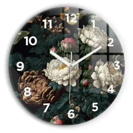 elegancki-okragly-foto-zegar-szklany-na-sciane-kwiat-i-zlote-motyle-fi30-cm