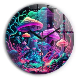 okragly-zegar-szklany-do-kuchni-na-sciane-z-grafika-neonowe-grzyby-fi60-cm
