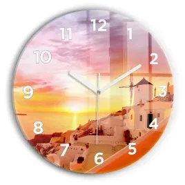 okragly-zegar-szklany-ozdobny-ze-wzorem-stary-wiatrak-w-santorini-fi30-cm