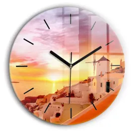 okragly-zegar-szklany-ozdobny-z-nadrukiem-stary-wiatrak-w-santorini-fi60-cm
