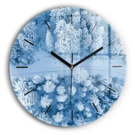 okragly-foto-zegar-szklany-scienny-do-nowoczesnych-wnetrz-las-zima-fi60-cm