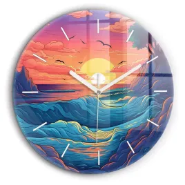 okragly-foto-zegar-szklany-scienny-do-salonu-bajkowe-fale-i-ocean-fi60-cm