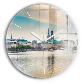okragly-zegar-szklany-dekoracyjny-ze-wzorem-binnenalster-w-hamburgu-fi60-cm