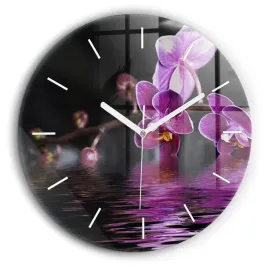 zegar-szklany-scienny-do-salonu-ze-wzorem-kwiat-orchidei-na-wodzie-fi60-cm