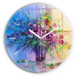 okragly-zegar-szklany-scienny-do-biura-z-grafika-kwiaty-w-wazonie-fi30-cm