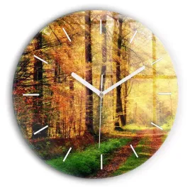 okragly-zegar-szklany-designerski-z-grafika-jesienna-sceneria-lesna-fi30-cm