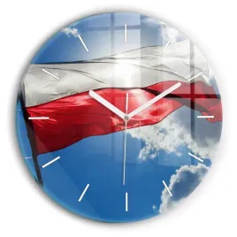 zegar-szklany-scienny-do-salonu-z-grafika-flaga-polski-na-tle-nieba-fi30-cm