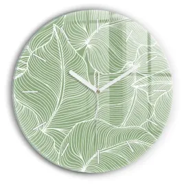okragly-zegar-szklany-scienny-do-biura-z-grafika-liscie-natura-wzor-fi30-cm