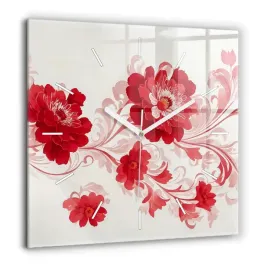 kwadratowy-zegar-szklany-designerski-z-nadrukiem-czerwone-kwiaty-60x60-cm
