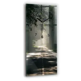pionowy-zegar-szklany-ozdobny-ze-wzorem-lesna-droga-i-smugi-slonca-30x60-cm