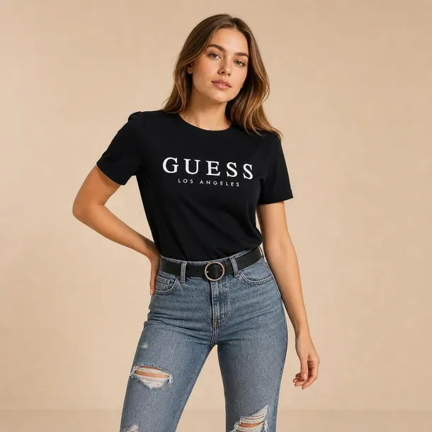 Guess koszulka damska czarna z logo i nadrukiem, klasyczny t-shirt z okrągłym dekoltem rozmiar L | Idealne na lato!