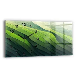 szklany-nowoczesny-poziomy-zegar-na-sciane-abstrakcja-zielone-pola-60x30-cm