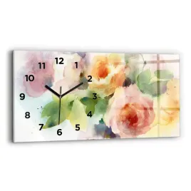 poziomy-zegar-szklany-do-salonu-ze-wzorem-roze-w-wazonie-akwarela-60x30-cm