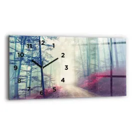 nowoczesny-poziomy-zegar-szklany-na-sciane-jesienna-droga-las-mgla-60x30-cm