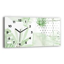 poziomy-zegar-szklany-scienny-ze-stylowym-nadrukiem-zielone-liscie-60x30-cm