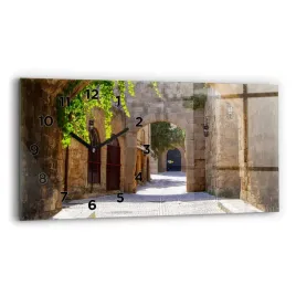 zegar-szklany-scienny-do-salonu-z-nadrukiem-malownicza-ulica-rodos-60x30-cm
