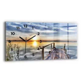 zegar-szklany-scienny-do-salonu-z-nadrukiem-jezioro-zachod-slonca-60x30-cm