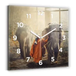 dekoracyjny-kwadratowy-foto-zegar-szklany-mnich-prowadzacy-slonie-30x30-cm