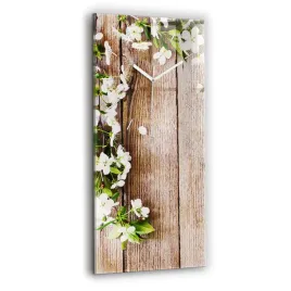 minimalistyczny-zegar-szklany-scienny-ze-wzorem-kwiaty-na-drewnie-30x60-cm