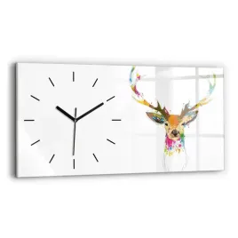 szklany-nowoczesny-poziomy-zegar-na-sciane-kolorowa-glowa-jelenia-60x30-cm