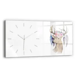 szklany-poziomy-zegar-scienny-z-nadrukiem-glowa-jelenia-i-kwiaty-60x30-cm