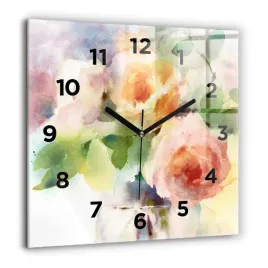 duzy-zegar-szklany-do-mieszkania-ze-wzorem-roze-w-wazonie-akwarela-60x60-cm