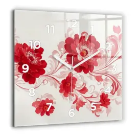 minimalistyczny-kwadratowy-zegar-szklany-scienny-czerwone-kwiaty-60x60-cm