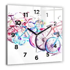 zegar-szklany-scienny-do-biura-z-grafika-kolorowe-rowery-miejskie-60x60-cm