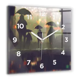 kwadratowy-zegar-szklany-na-sciane-z-grafika-ludzie-z-parasolami-60x60-cm