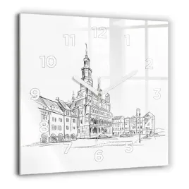 foto-zegar-szklany-scienny-do-salonu-szkic-starego-miasta-poznan-60x60-cm