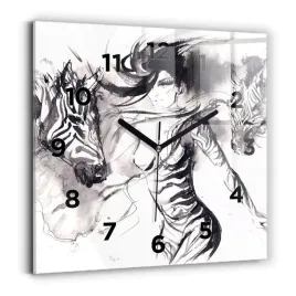 kwadratowy-zegar-szklany-designerski-z-nadrukiem-kobieta-i-zebry-30x30-cm
