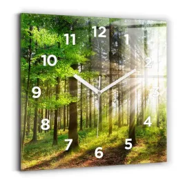 kwadratowy-foto-zegar-szklany-scienny-do-biura-las-wschod-slonca-30x30-cm