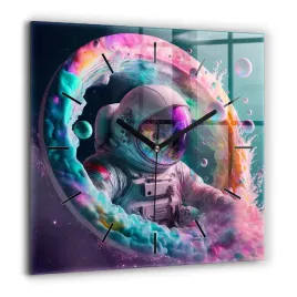 kwadratowy-zegar-szklany-z-grafika-kosmonauta-i-barwne-obloki-xxl-60x60-cm