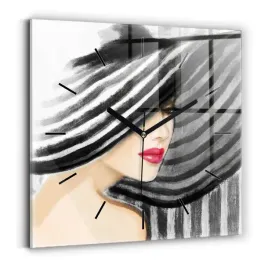 kwadratowy-zegar-szklany-ozdobny-z-grafika-kobieta-w-czarno-bieli-30x30-cm
