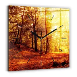 elegancki-zegar-szklany-na-sciane-z-grafika-pejzaz-lasu-w-sloncu-30x30-cm