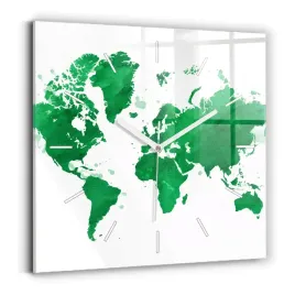 kwadratowy-zegar-szklany-na-sciane-z-grafika-zielona-mapa-swiata-30x30-cm