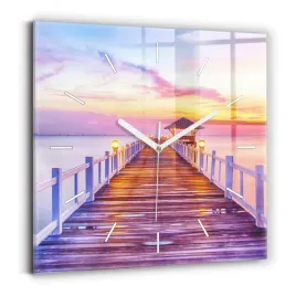 minimalistyczny-foto-zegar-szklany-scienny-most-w-porcie-wieczorem-30x30-cm