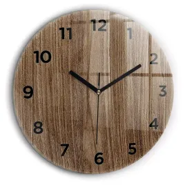 okragly-zegar-szklany-do-kuchni-na-sciane-z-grafika-ciemne-drewno-fi60-cm