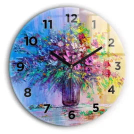 okragly-zegar-szklany-scienny-do-biura-z-grafika-kwiaty-w-wazonie-fi60-cm