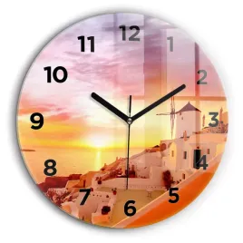 okragly-zegar-szklany-ozdobny-z-nadrukiem-stary-wiatrak-w-santorini-fi60-cm