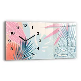 poziomy-zegar-szklany-scienny-do-biura-z-grafika-pastelowe-liscie-60x30-cm