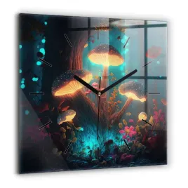 kwadratowy-zegar-szklany-do-kuchni-ze-wzorem-las-i-magiczne-grzyby-60x60-cm